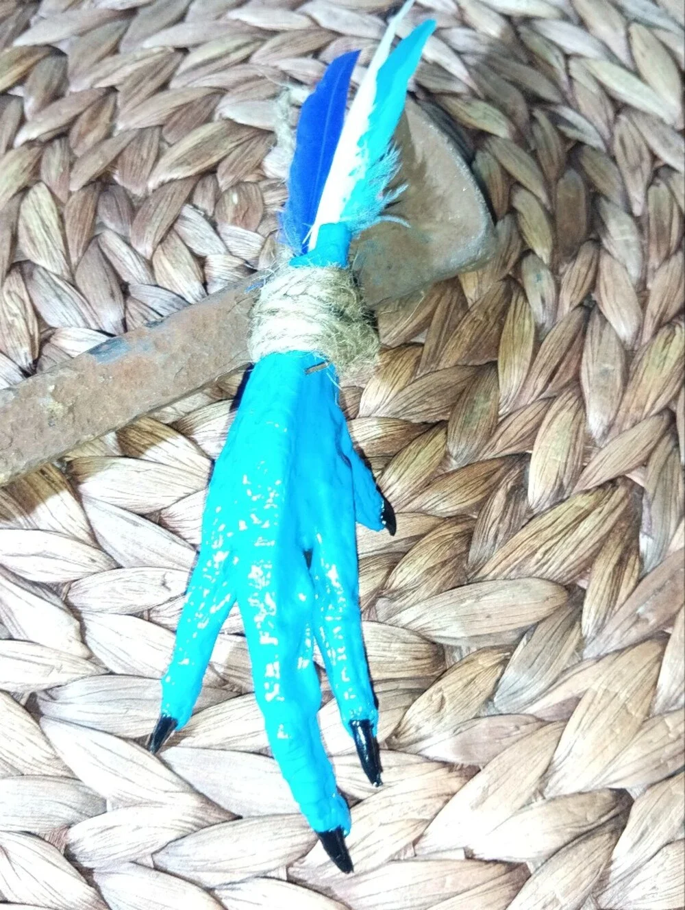 Blue Chicken Foot Amulet | Handcrafted Folk Art Talisman | Feather Curio